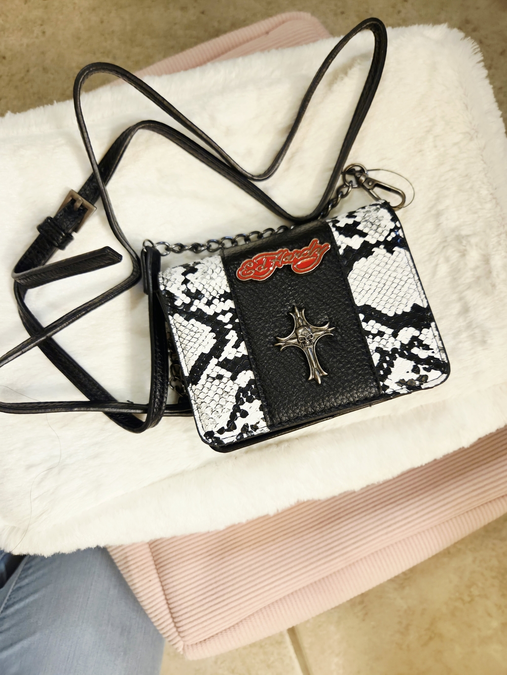 Ed Hardy Black & White Snake Print Crossbody with Red Logo and Silver Cross